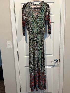 Tua Green and Red Mixed-Print Faux Wrap Maxi Dress Size 1X Flowy Boho
